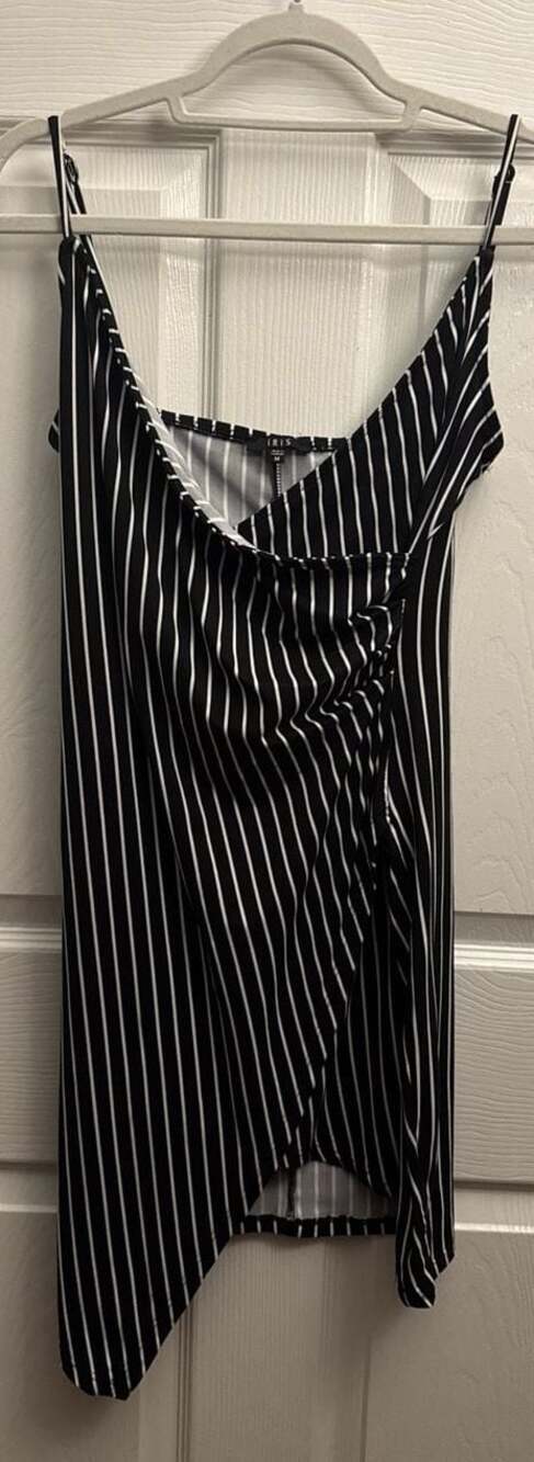 IRIS Black and White Striped Ruched Wrap Mini Dress Size M